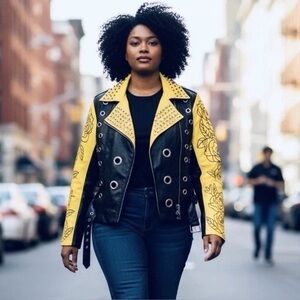 Women’s 3X Black And Yellow Moto Jacket Studded With Roses Gothic Punk